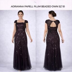 ADRIANNA PAPELL PLUM BEADED GOWN SZ 10